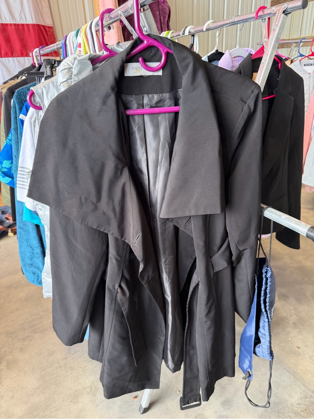 Anne Klein Black Trench Coat with Draped Lapel